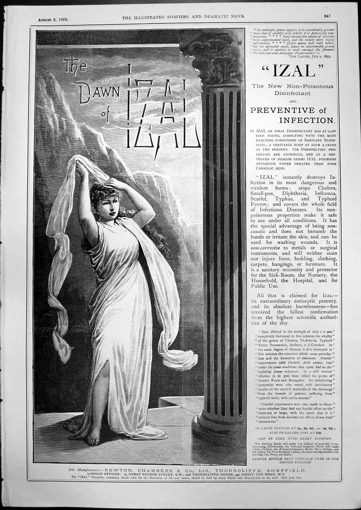 Old Print Advert Dawn Izal New Non Poisonous Disinfectant Infection 1893 19th
