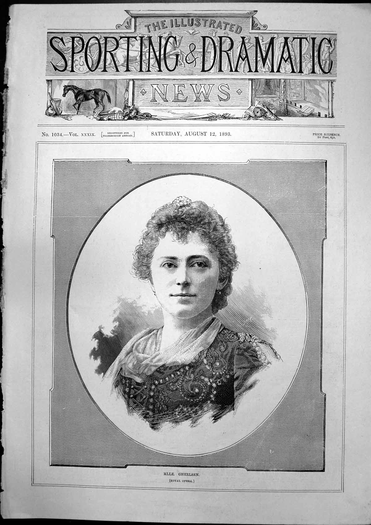 Original Old Antique Print Mlle Gherlsen Royal Opera Portrait Young Woman 1893