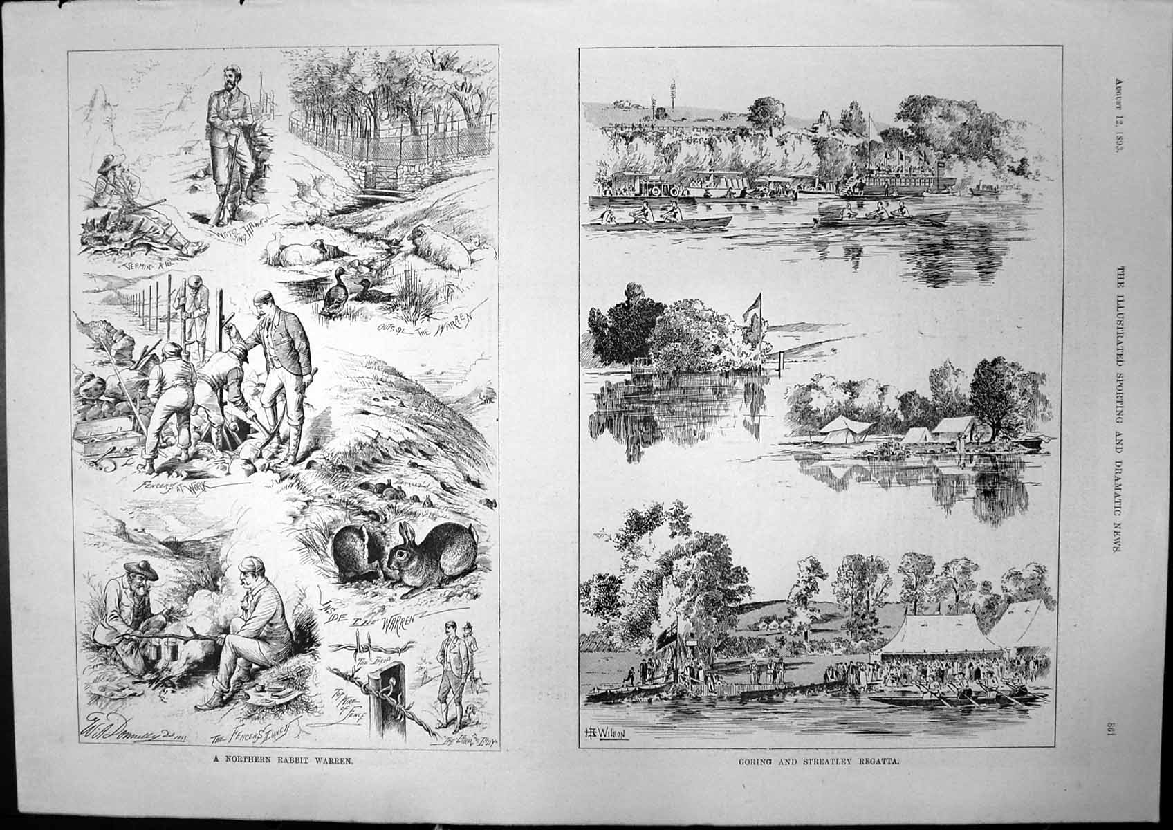 Original Old Antique Print Northern Rabbit Warren Goring Streatley Regatta 1893
