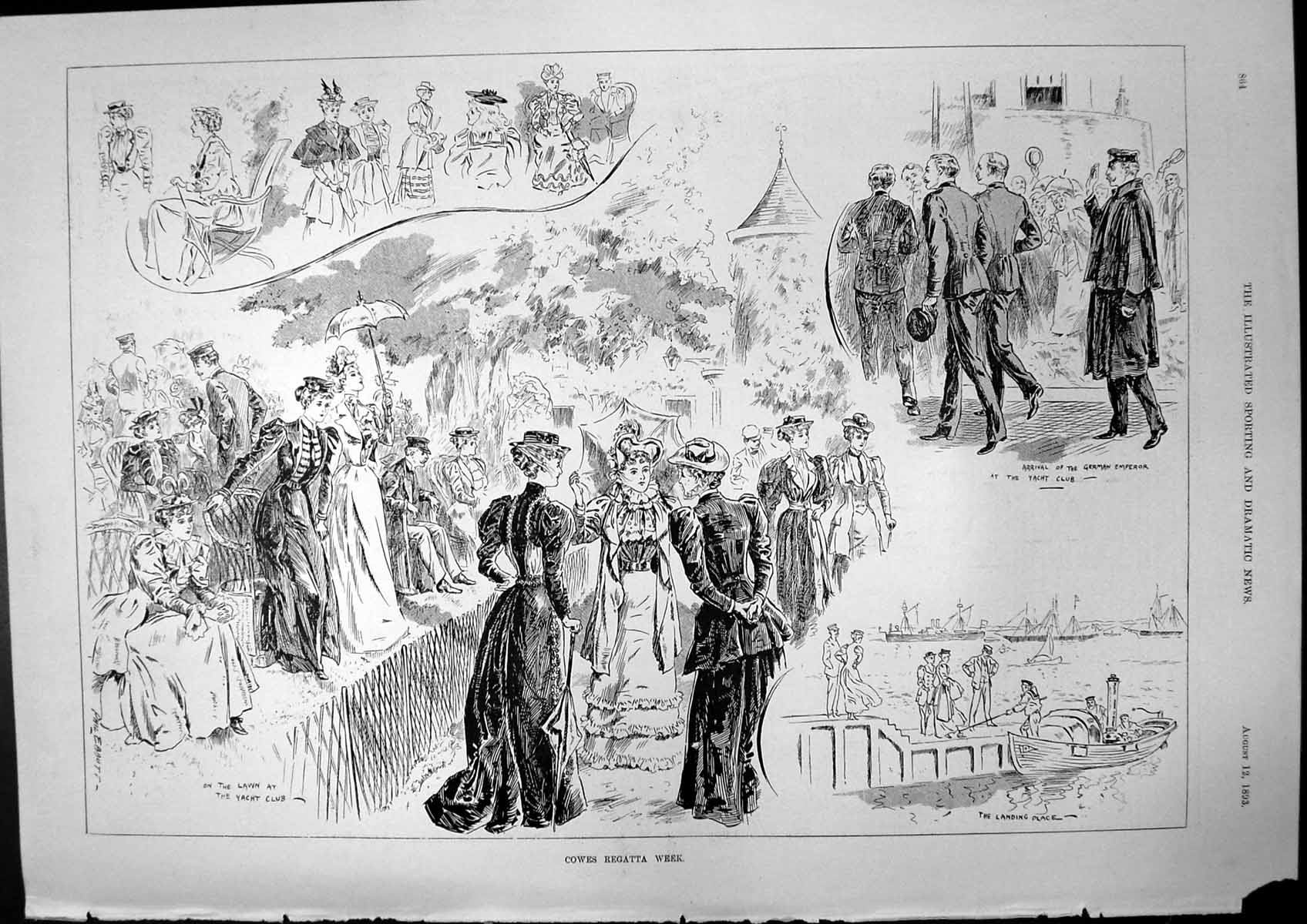 Antique Old Print Cowes Regatta Week Arrival German Emperor Yacht Club 1893