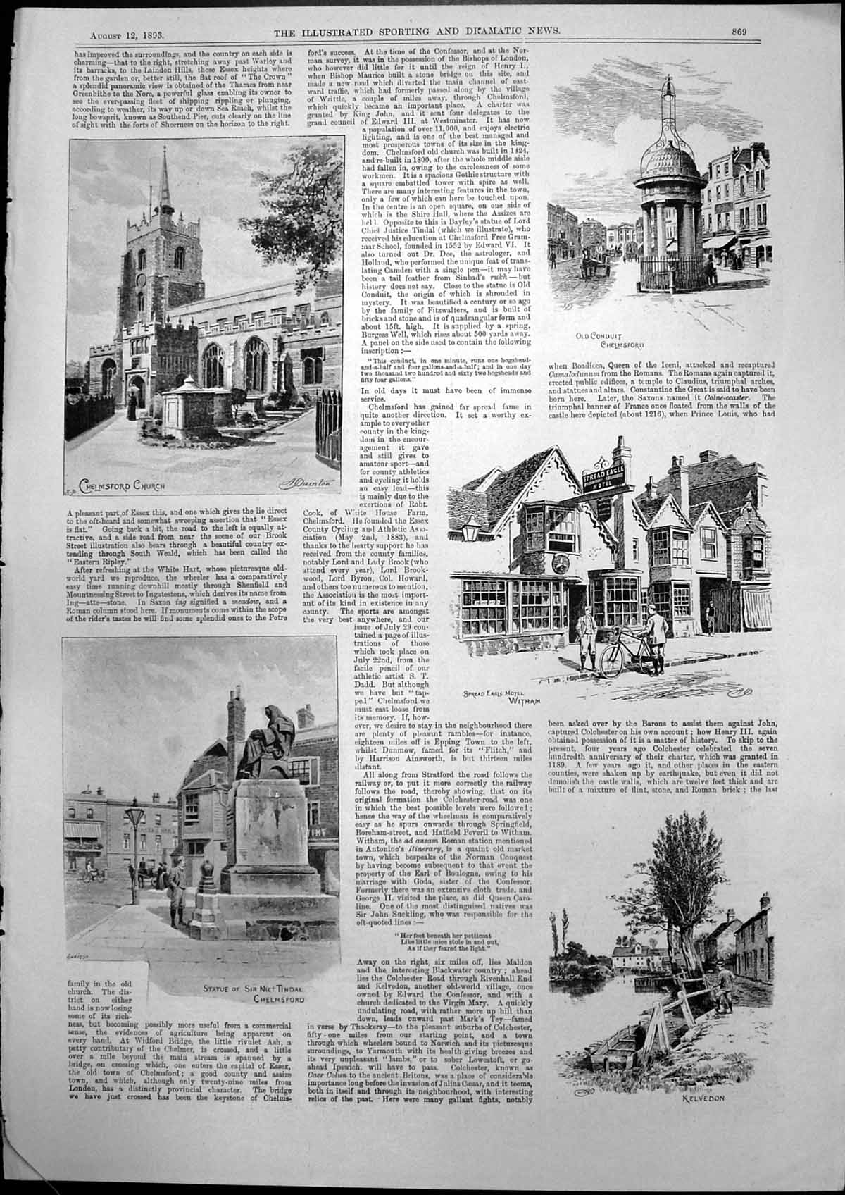 Antique Old Print Chelmsford Church Conduit Kelvedon Colchester Castle 1893