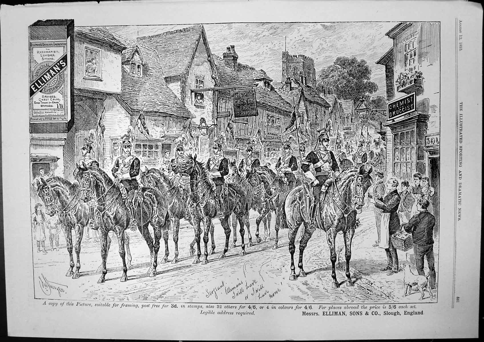 Old Advert Ellimans Embrocation Horses Outside Chemist Druggist 1893 Victorian