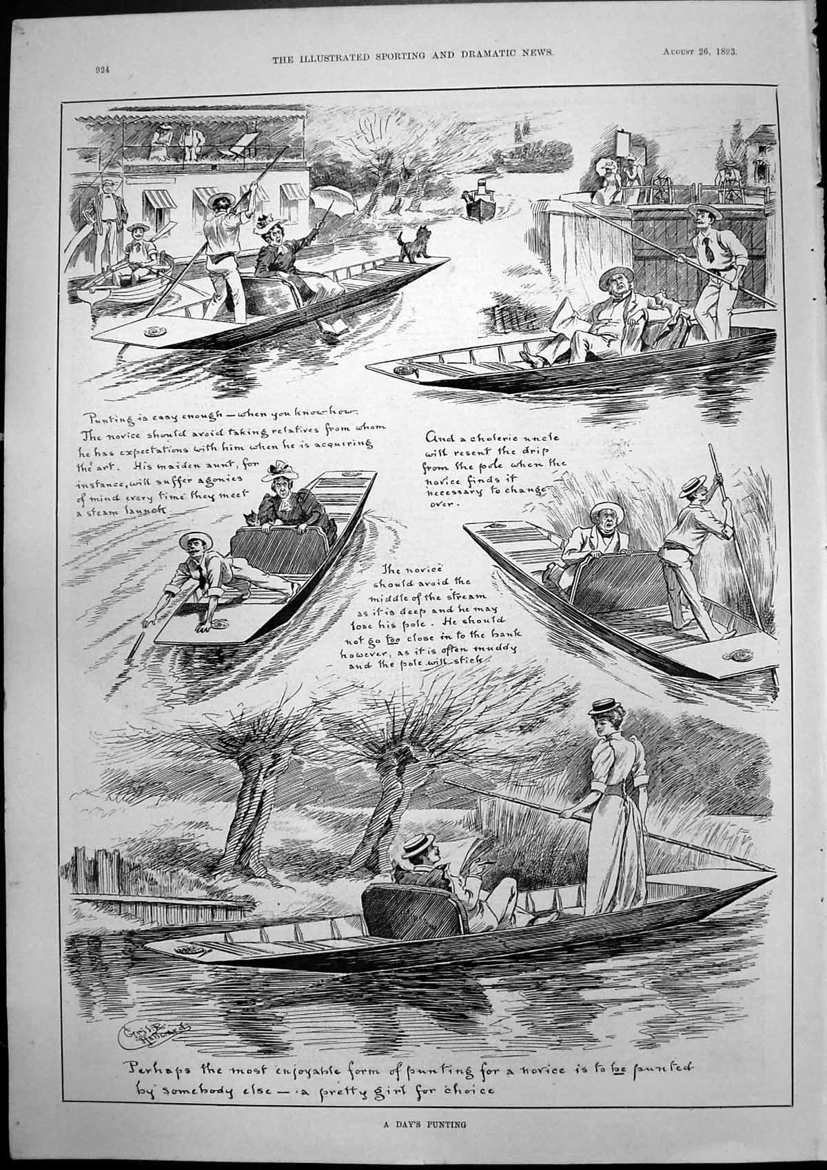 Old Days Punting Easy If Know How Avoid Middle Stream Deep Muddy 1893 Victorian