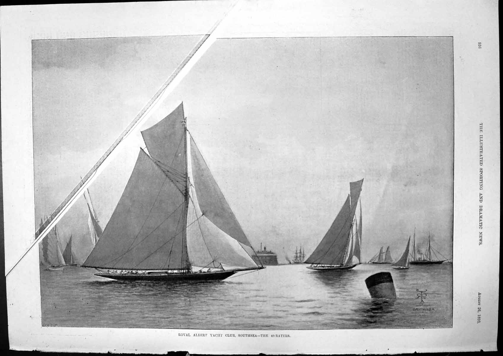 Original Old Antique Print Royal Albert Yacht Club Southsea 40 Raters 1893
