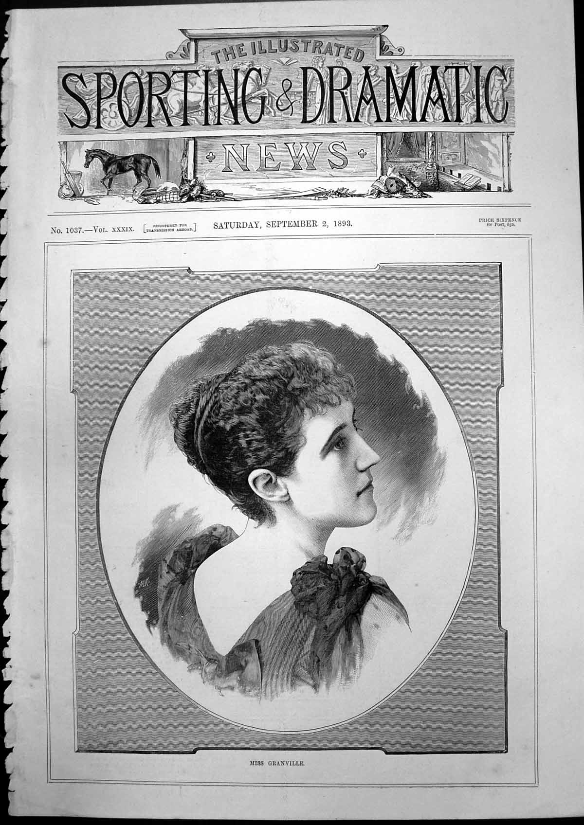 Old Antique Print Miss Granville Portrait Young Woman Hair Tied Bun 1893 19th