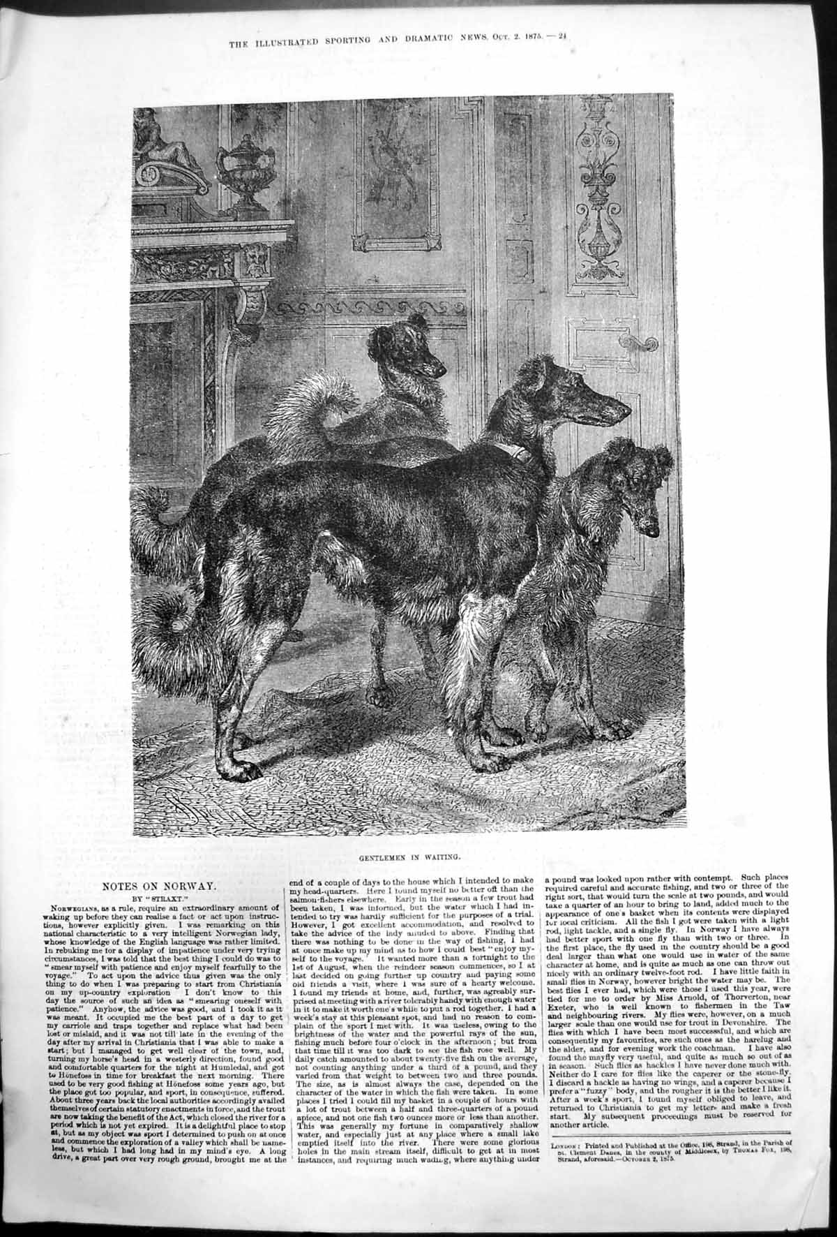 Original Old Antique Print Gentlemen In Waiting Three Dogs Waiting Door 1875