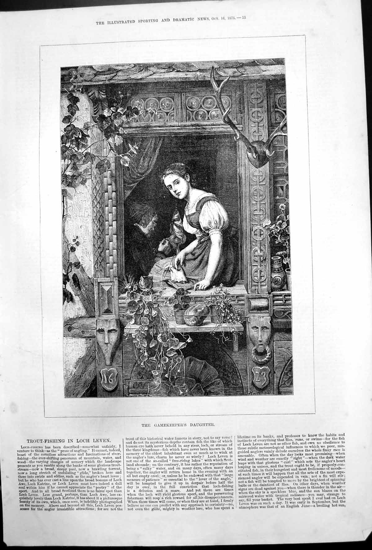 Antique Old Print Gamekeepers Daughter Young Woman Sitting Window Plants 1875