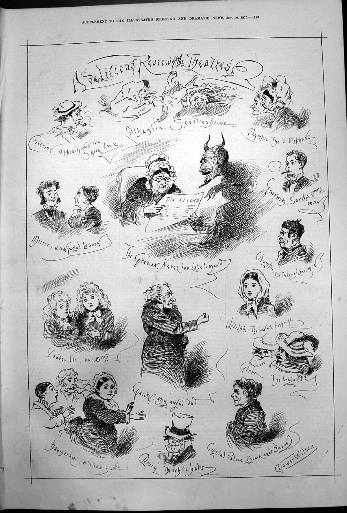 Old Print Selirions Review Theatres Vaudeville Haymarket Drury Globe 1875 19th