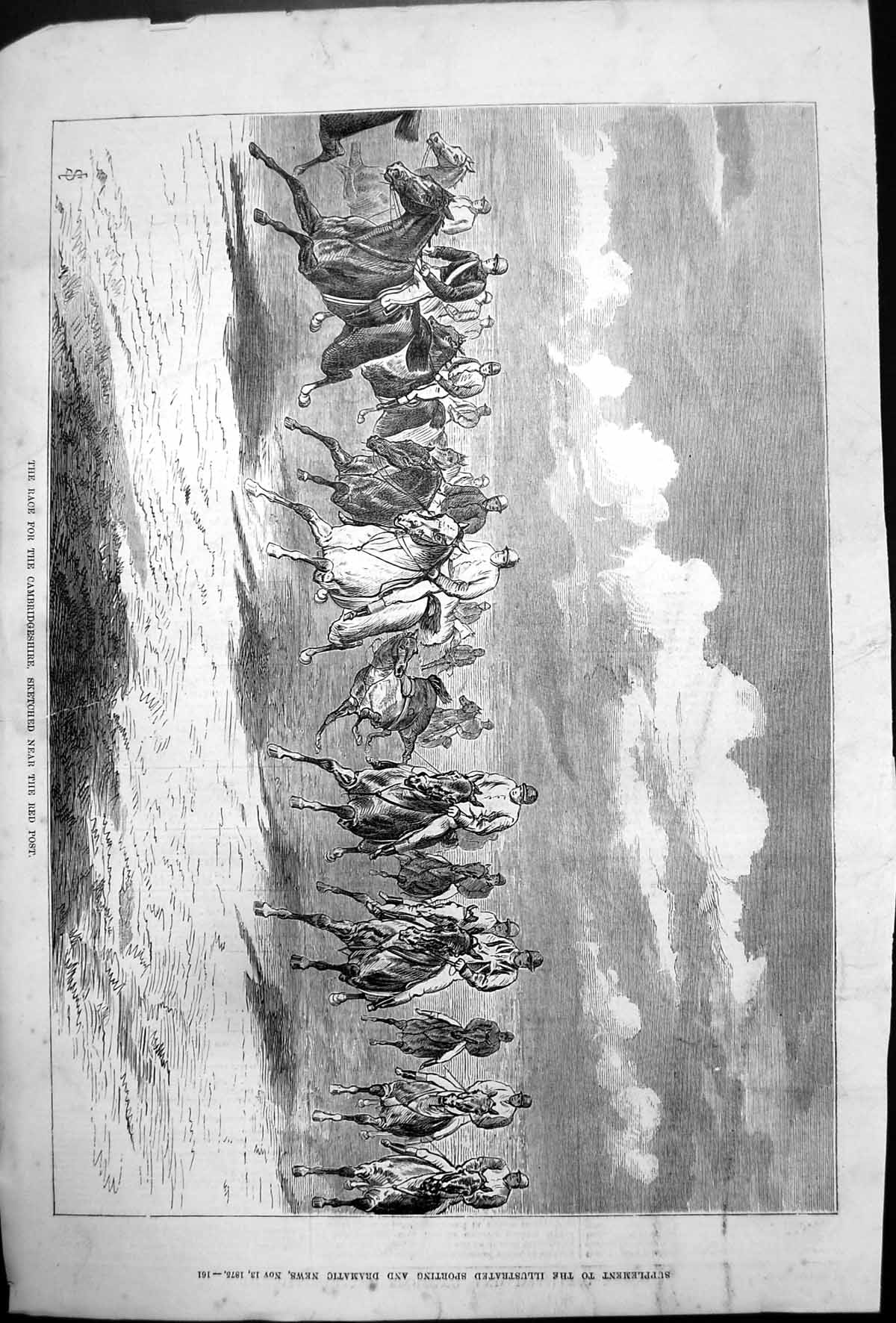 Antique Old Print Race For Cambridgeshire Sketched Near Red Post Horses 1875