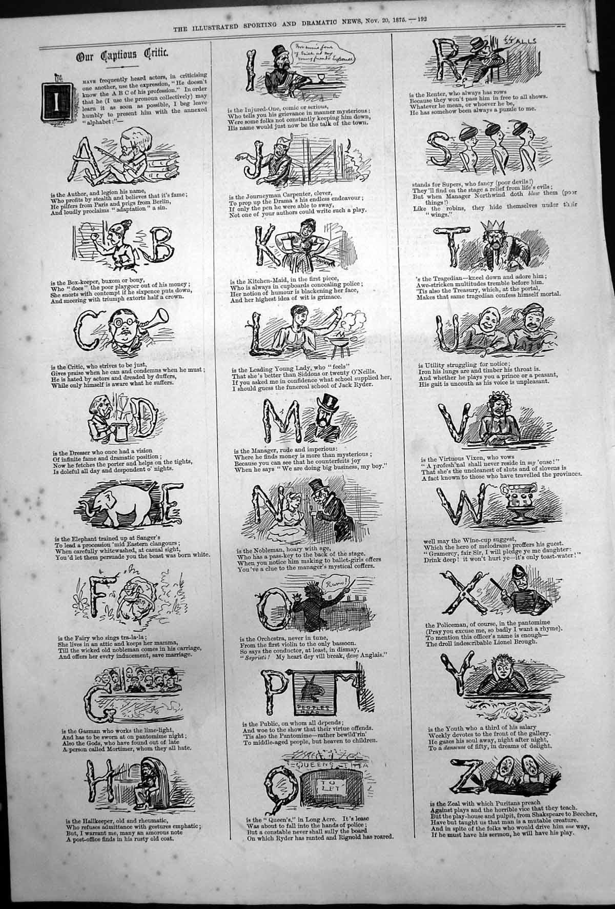 Old Print Captious Critic Abc Rhymes Characters Author Critic Public 1875 19th