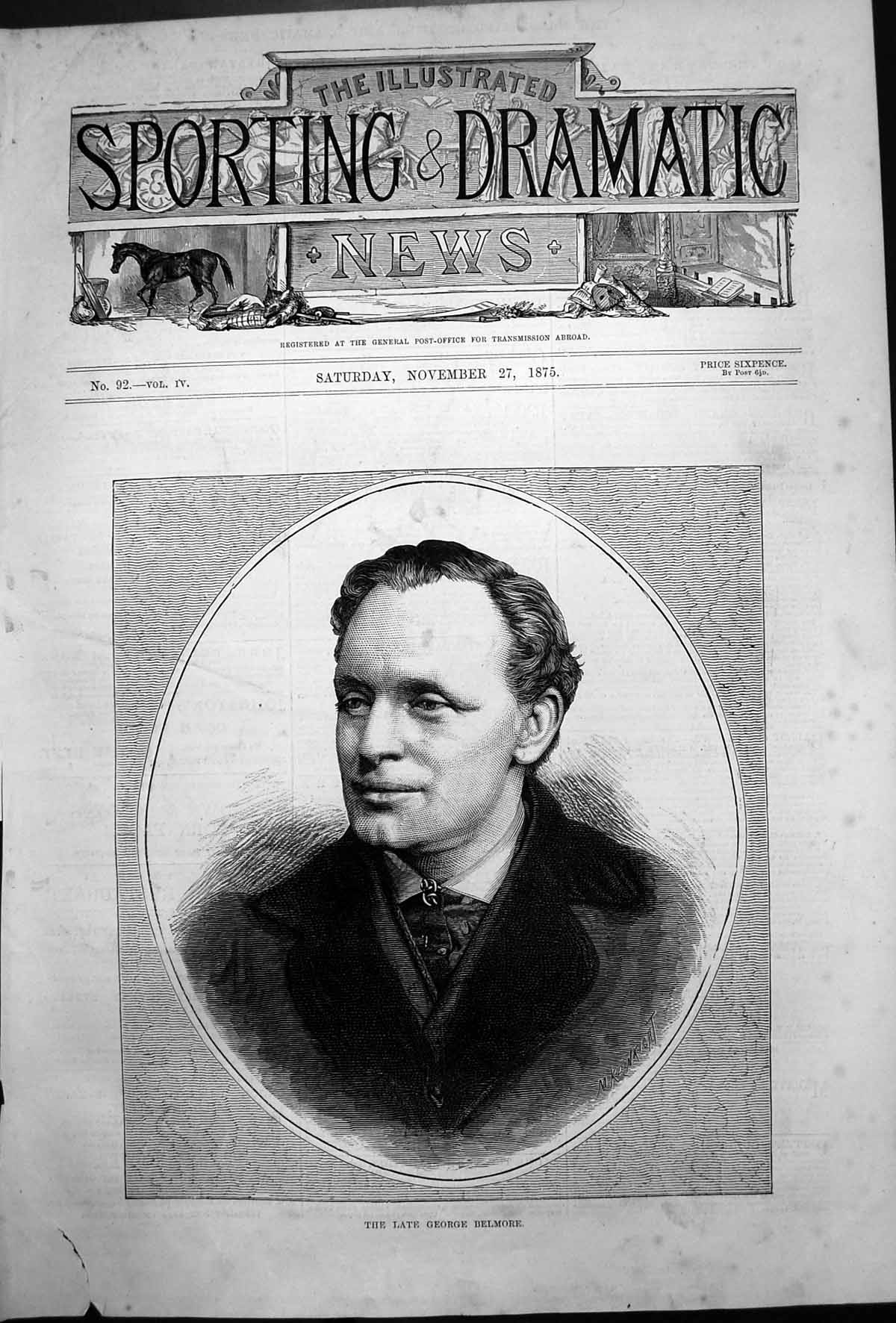 Original Old Antique Print Portrait Late George Belmore 1875 19th