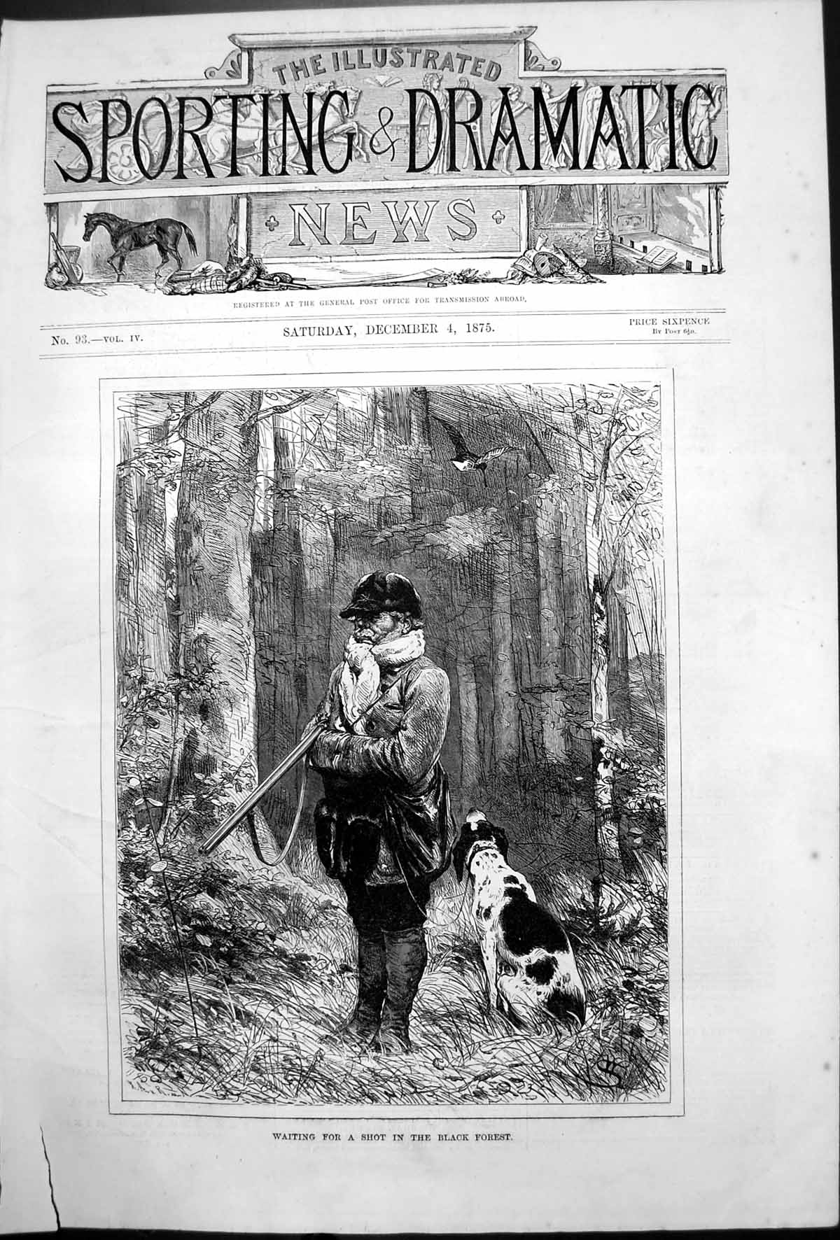 Original Old Antique Print Waiting For Shot Black Forest Man Rifle Dog 1875