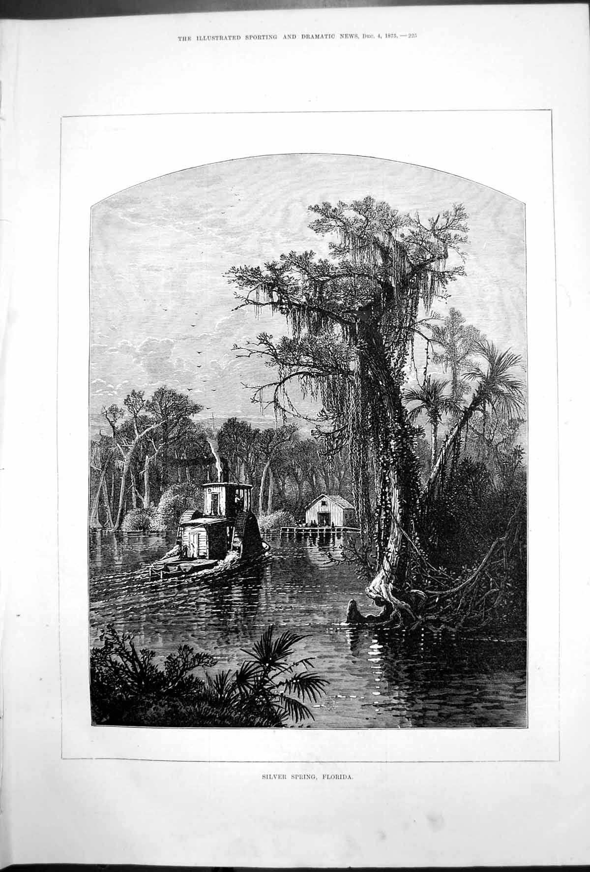 Original Old Antique Print Silver Spring Florida Boat On Lake 1875 Victorian