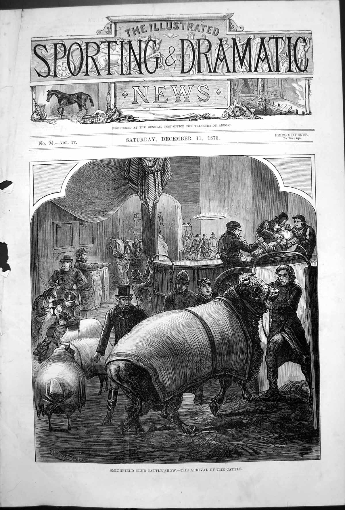 Original Old Antique Print Smithfield Club Cattle Show Arrival Cattle 1875 19th