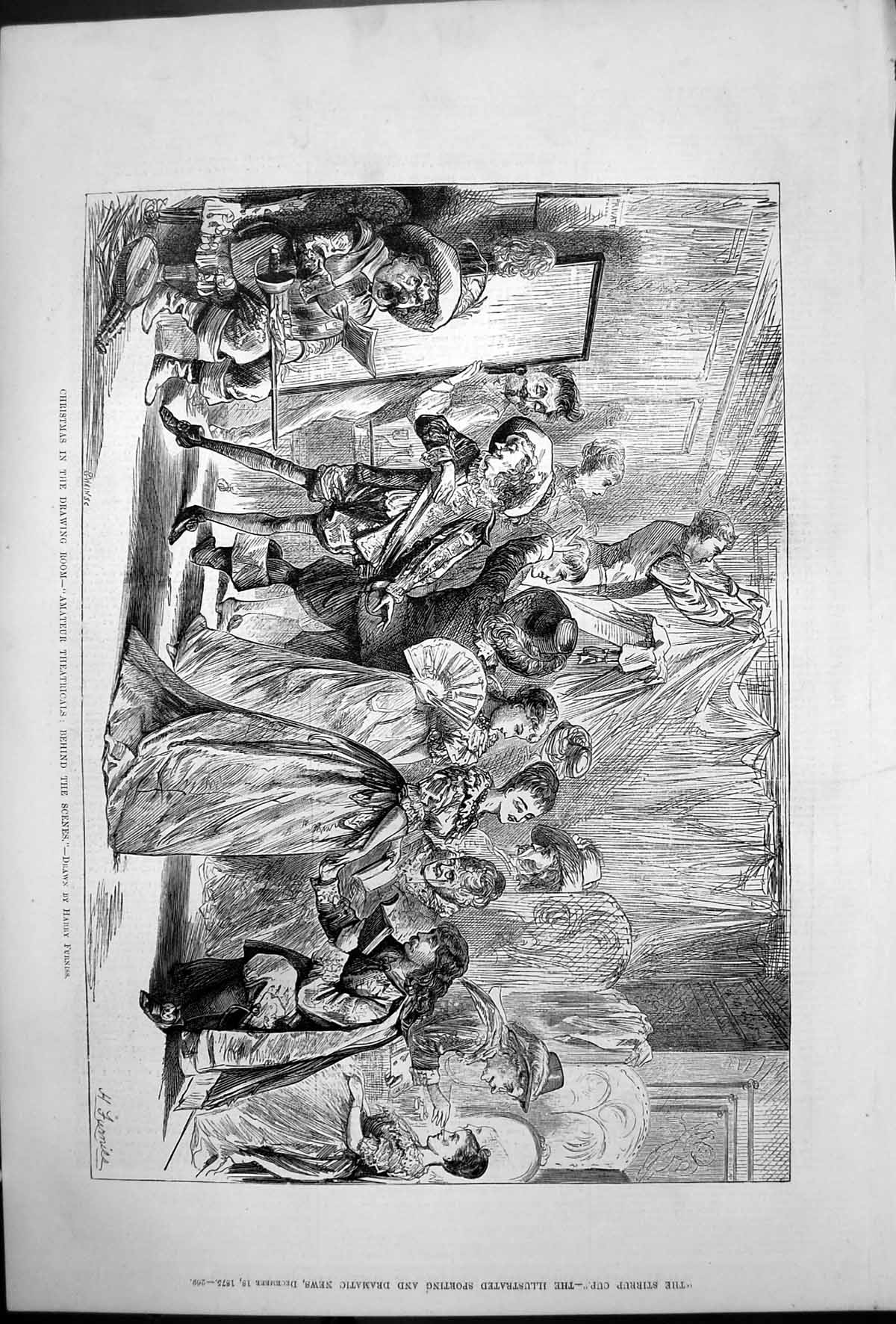 Antique Print Christmas Drawing Room Amateur Theatricals Behind Scenes 1875
