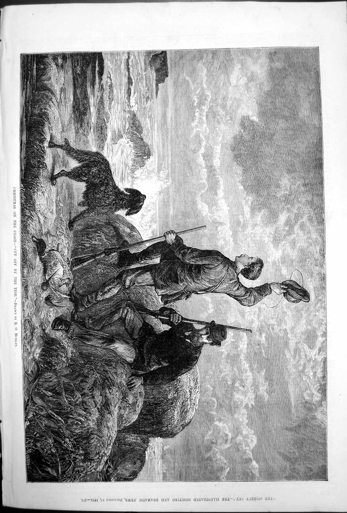 Old Print Christmas On Coast Cut Off By Tide R O Murray Two Men Dog 1875 19th