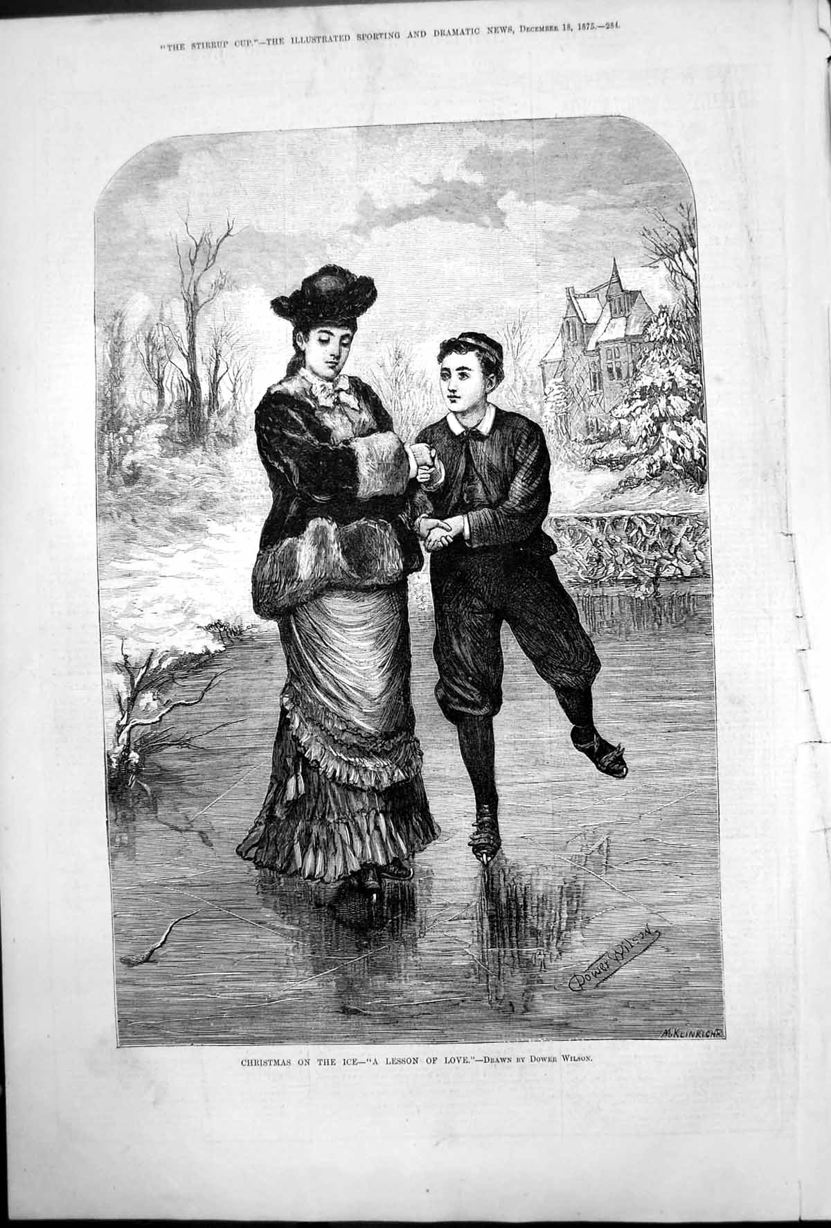 Antique Old Print Christmas On Ice Lesson Love Dower Wilson M Klinrich 1875