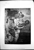 Original Old Antique Print Tortoise Fight Indian Ladies Look On Bed 1876 19th