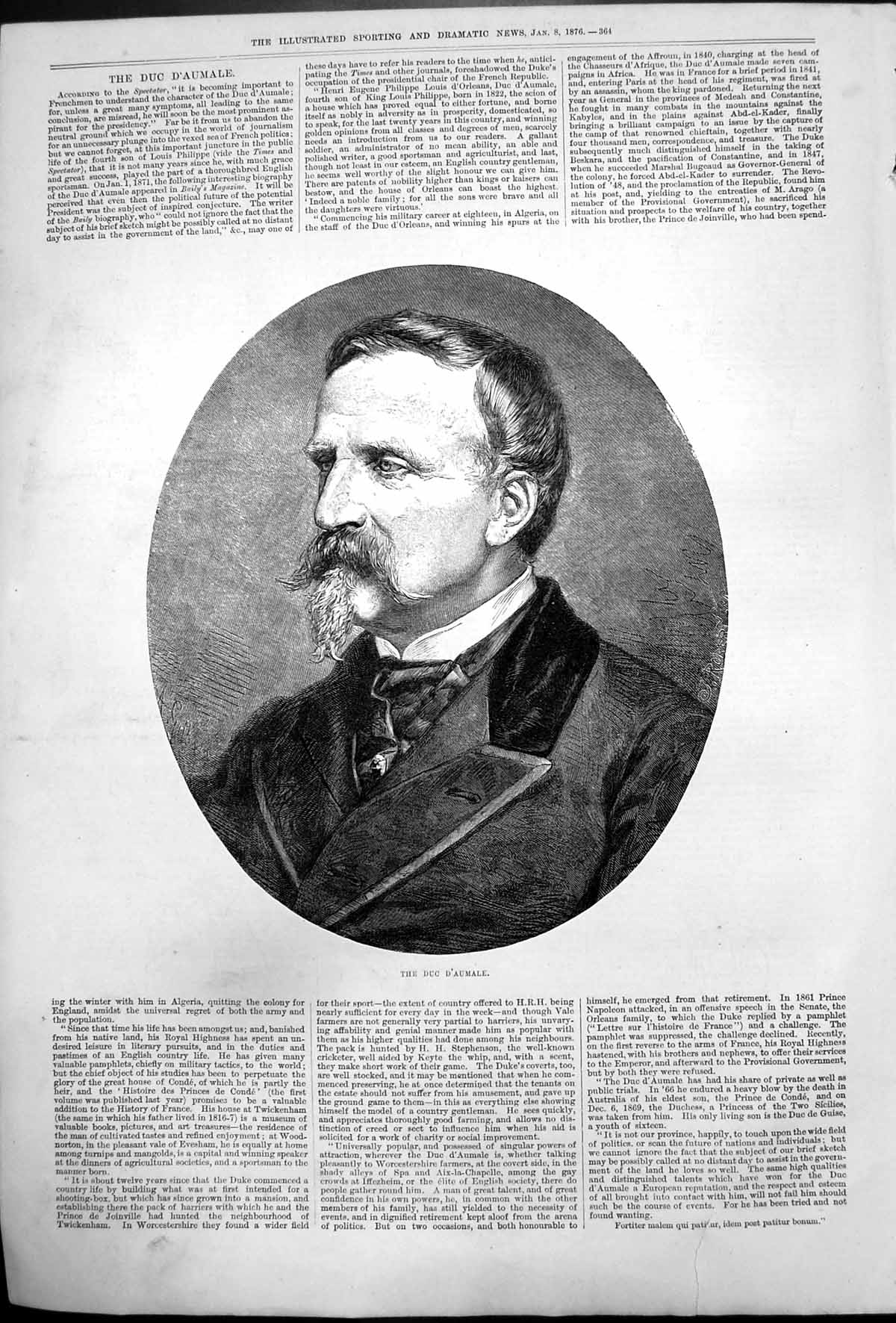 Original Old Antique Print Portrait Duc D'Aumale French Politician 1876 19th
