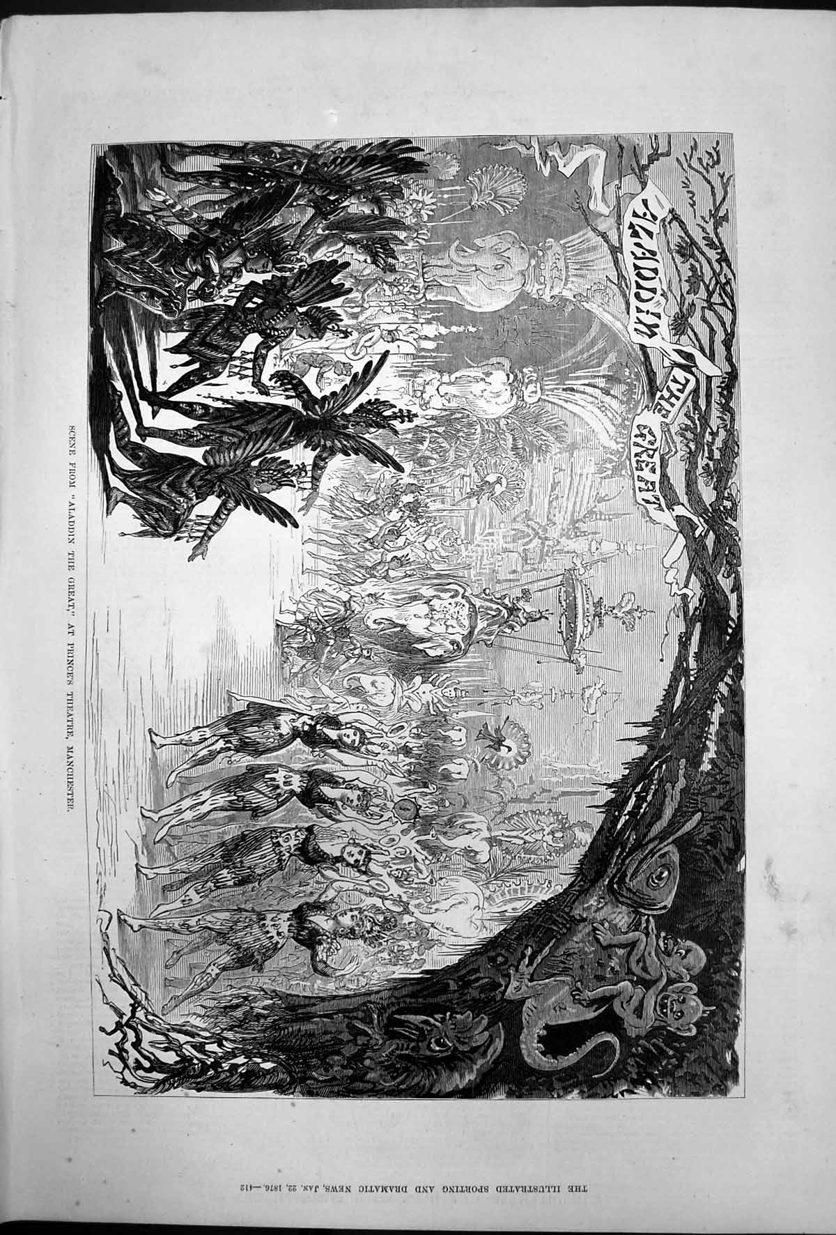 Old Antique Print Scene Aladdin The Great Princes Theatre Manchester 1876 19th