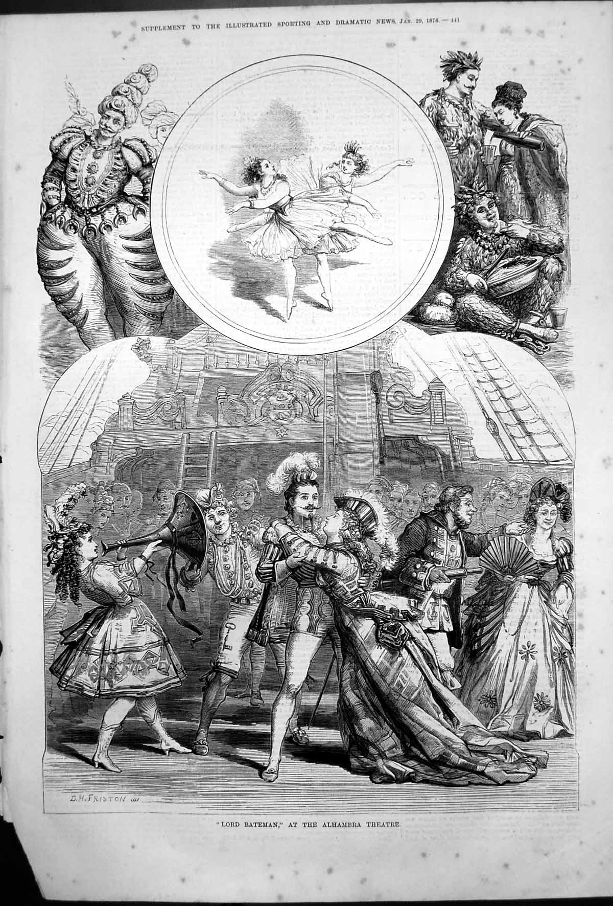 Original Old Antique Print Lord Bateman Alhambria Theatre D H Friston 1876 19th