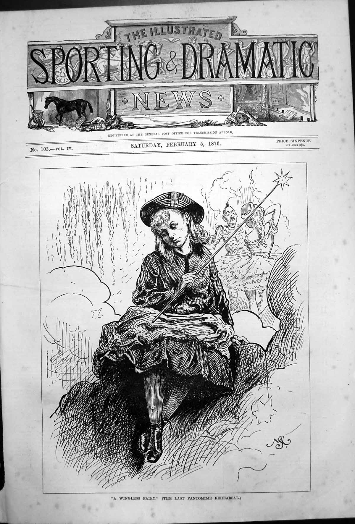 Original Old Antique Print Wingless Fairy Last Pantomine Rehearsal 1876 19th