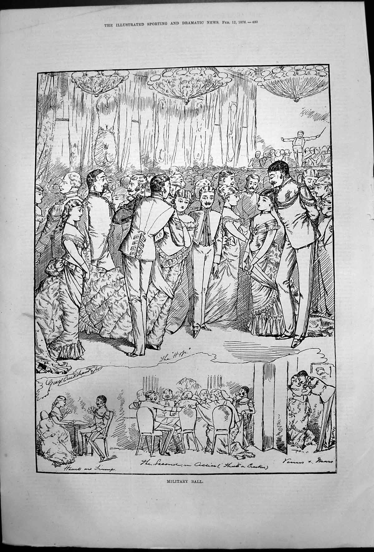 Antique Print Military Ball Dancing Hop Playing Cards Pulling Crackers 1876