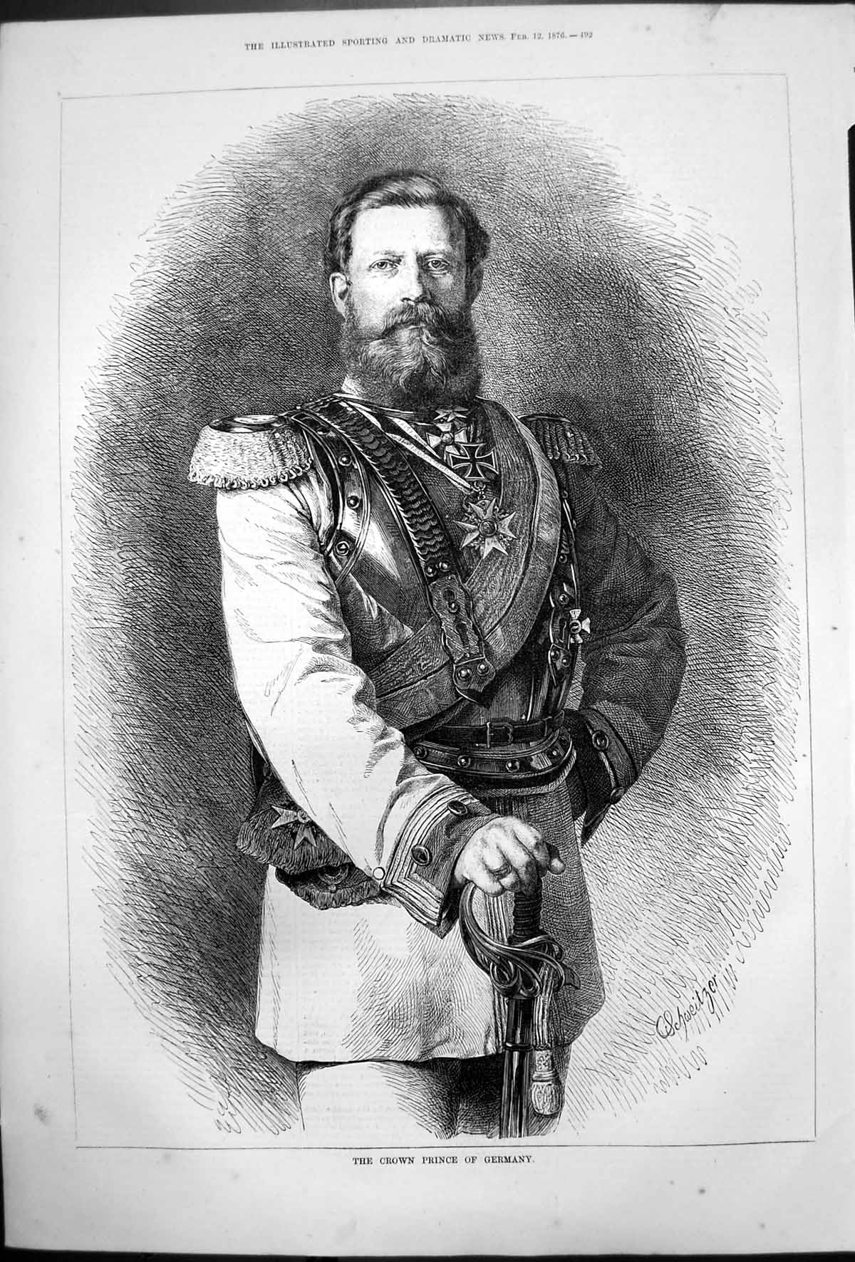 Original Old Antique Print Portrait Crown Prince Germany Uniform Schweizer 1876