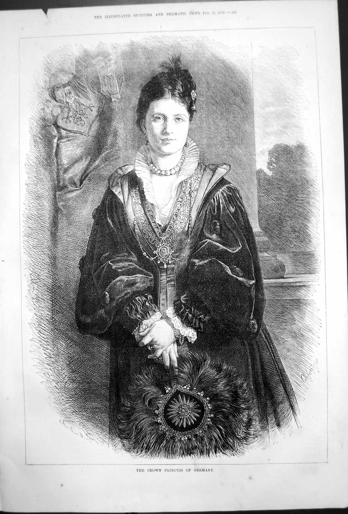 Original Old Antique Print Portrait Crown Princess Germany Schweizer 1876 19th