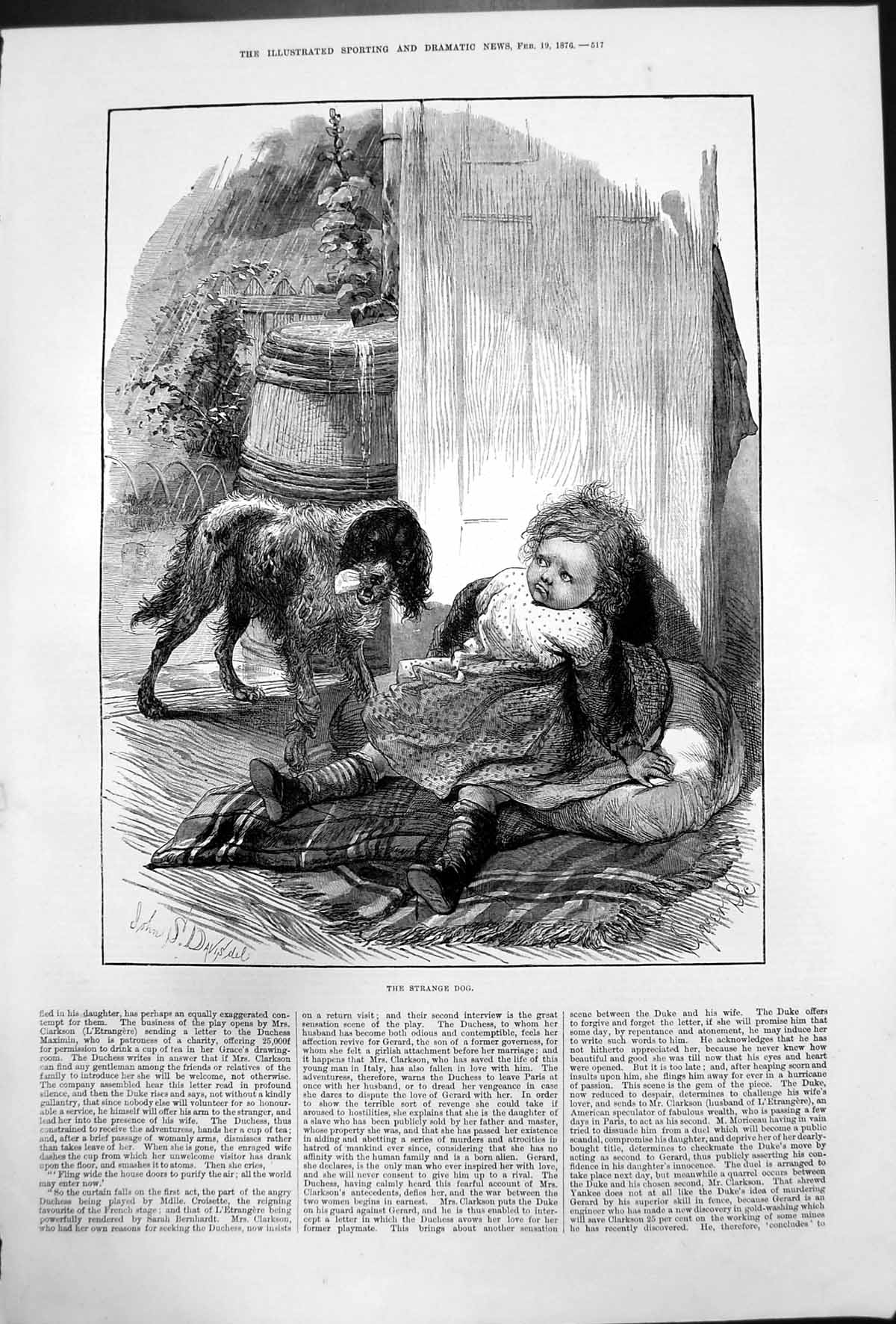 Original Old Antique Print Strange Dog John Davisdel Wet Dog Girl Rug 1876 19th