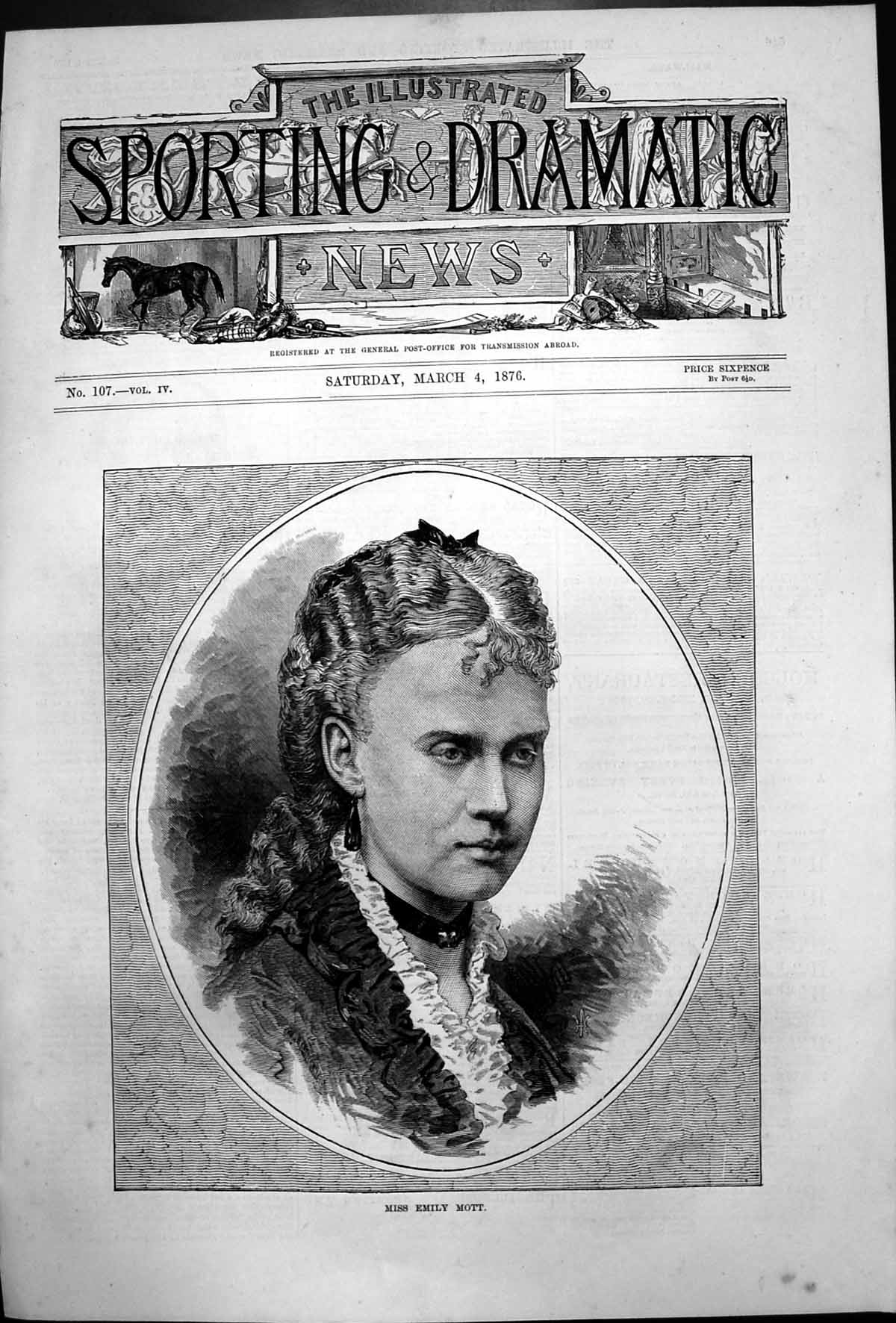 Original Old Antique Print Portrait Miss Emily Mott 1876 19th Century