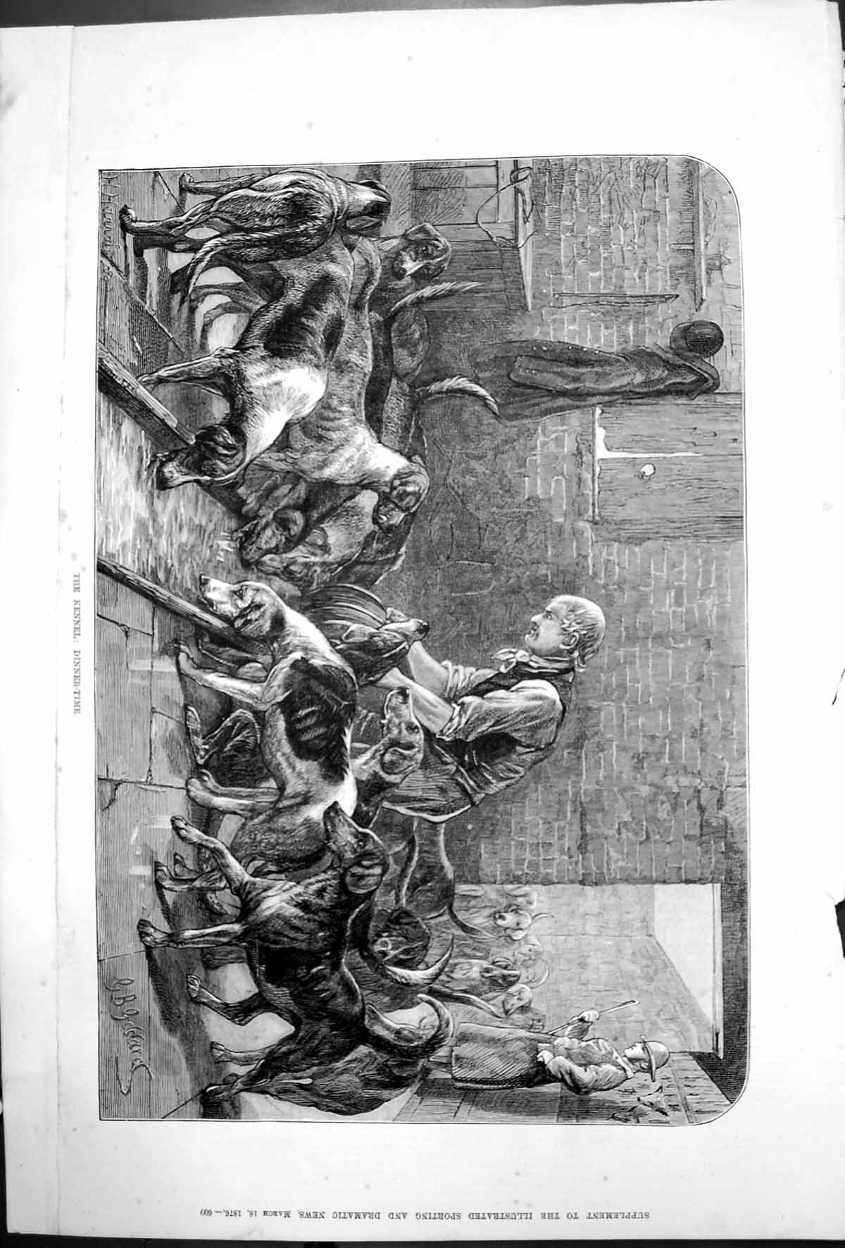 Antique Old Print Kennel Dinner Time G B Goddard Dogs Drinking Trough 1876 19th