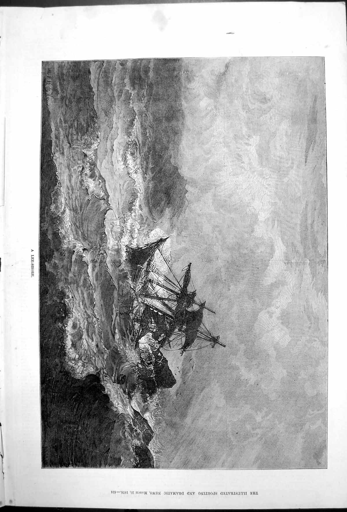Antique Old Print Lee Shore M De Haur Sailing Ship Tossed Stormy Seas 1876 19th