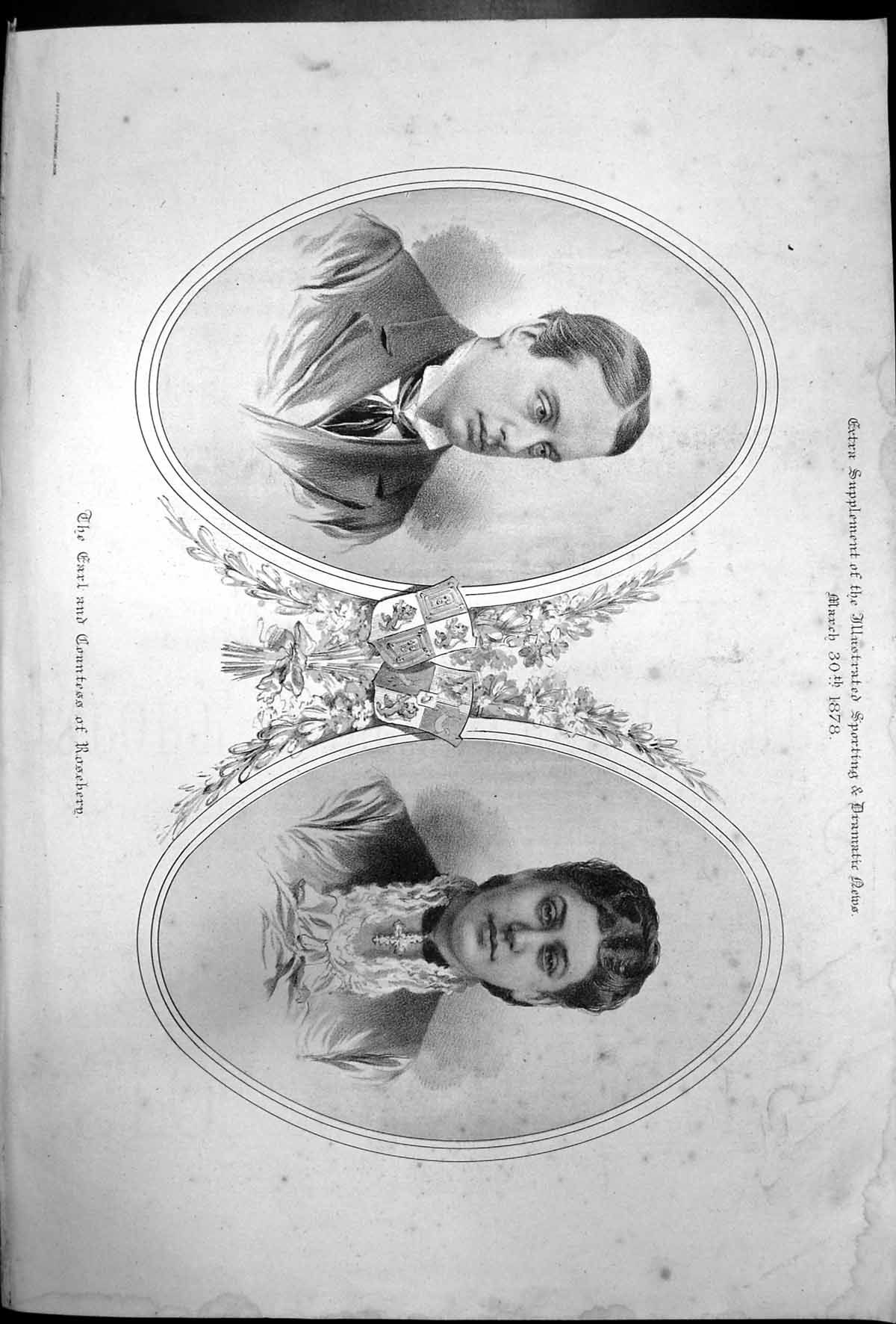 Antique Old Print Earl Countess Rosebery Portraits Marriage March 30Th 1878