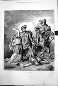 Antique Old Print Crusaders Horse Men Armour Seize Woman Child Man Dead 1878