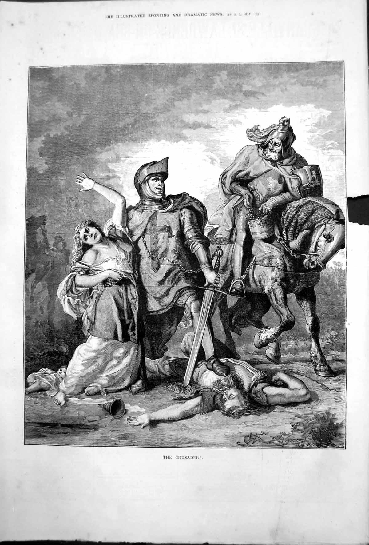 Antique Old Print Crusaders Horse Men Armour Seize Woman Child Man Dead 1878