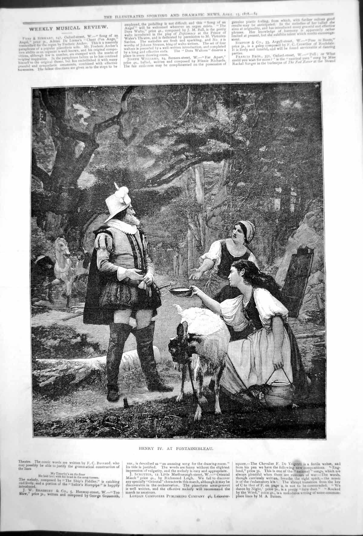 Antique Old Print Henry 1V Fontainebleau Two Women Give Bowl Goats Milk 1878