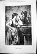 Original Old Antique Print Story Painting Ernst Hildebrand Sweethearts 1878