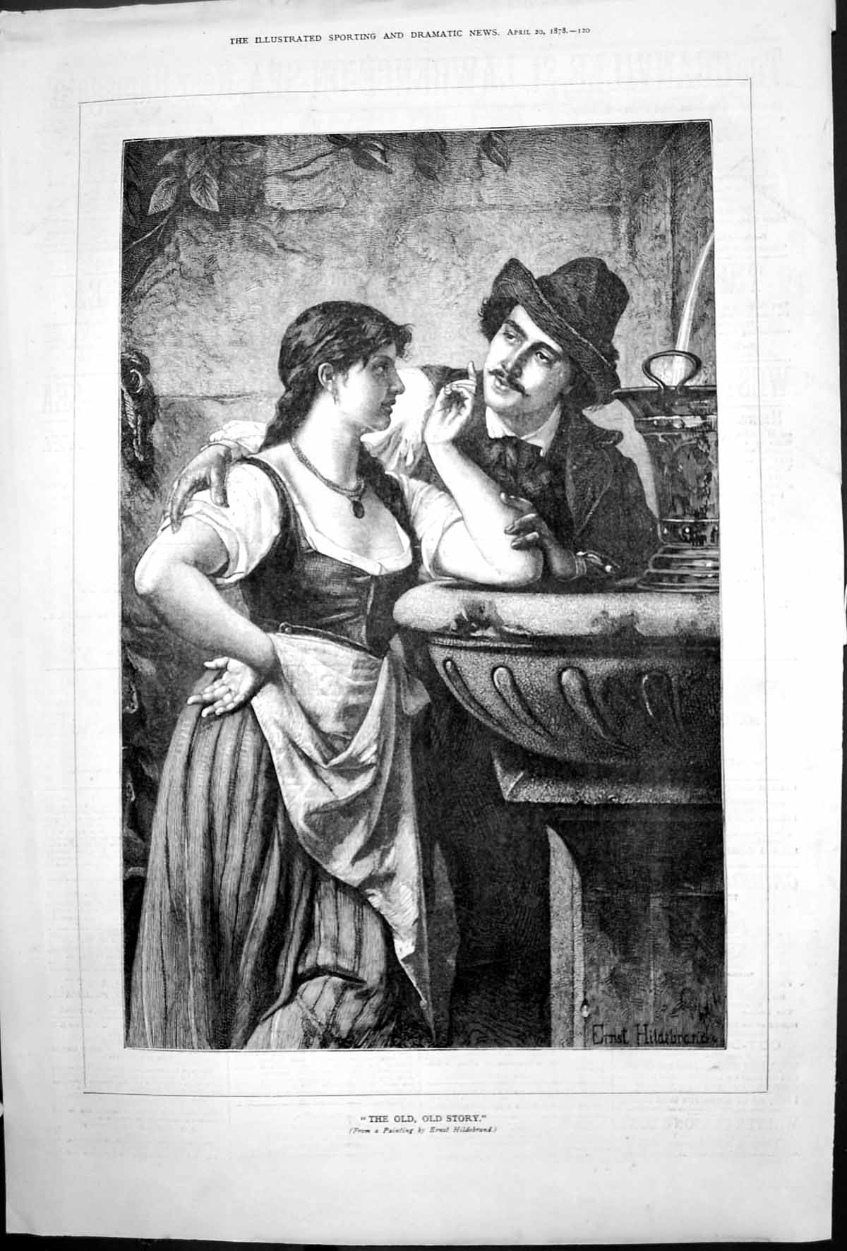 Original Old Antique Print Story Painting Ernst Hildebrand Sweethearts 1878