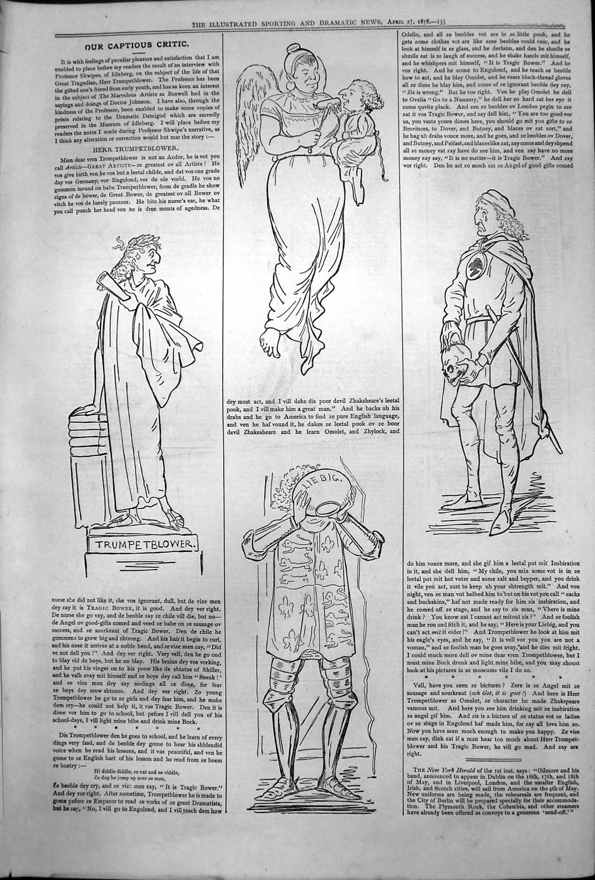 Original Old Antique Print Captious Critic Trumpetblower Great Tragedian 1878