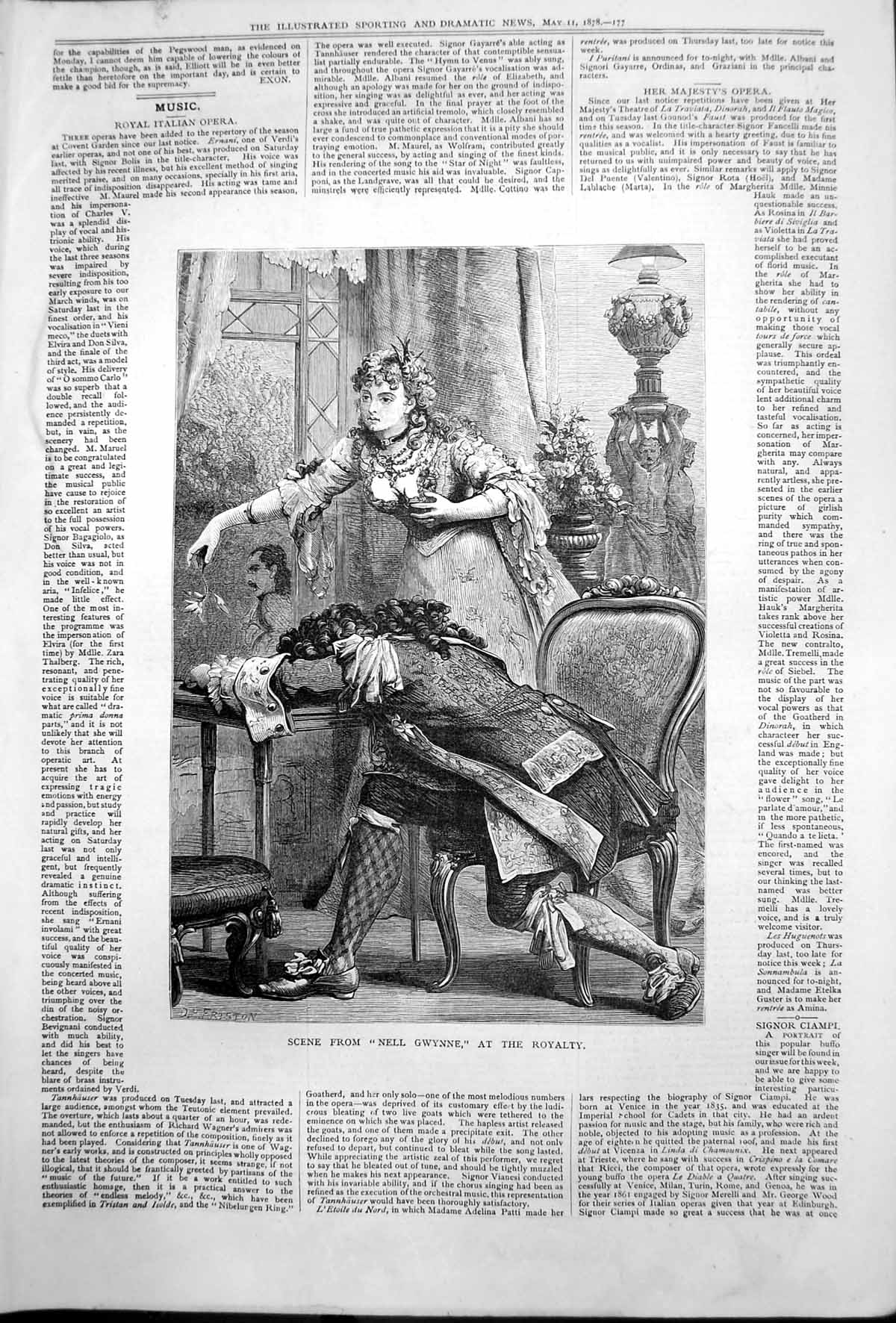 Original Old Antique Print Scene Nell Gwynne Royalty Man Head Lying Table 1878