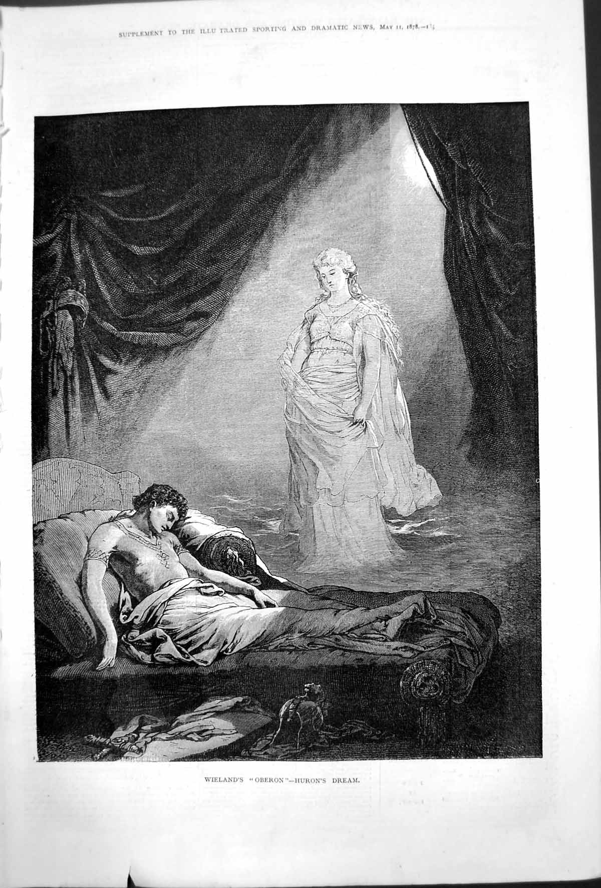 Original Old Antique Print Wielands Oberon Hurons Dream Lady Long Hair 1878