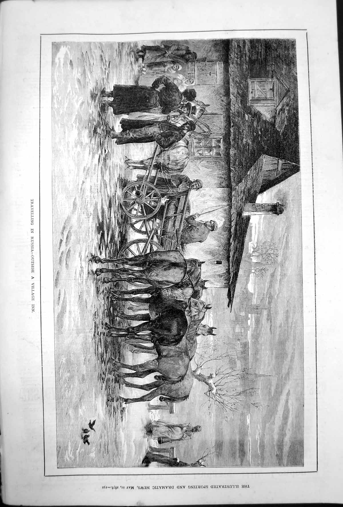 Old Antique Print Travelling Russia Outside Village Inn Horses Cart 1878 19th