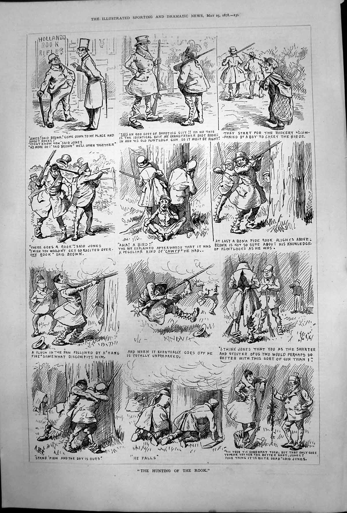 Antique Old Print Hunting Rook Jones Brown Shooting Suit Boy Carry Birds 1878