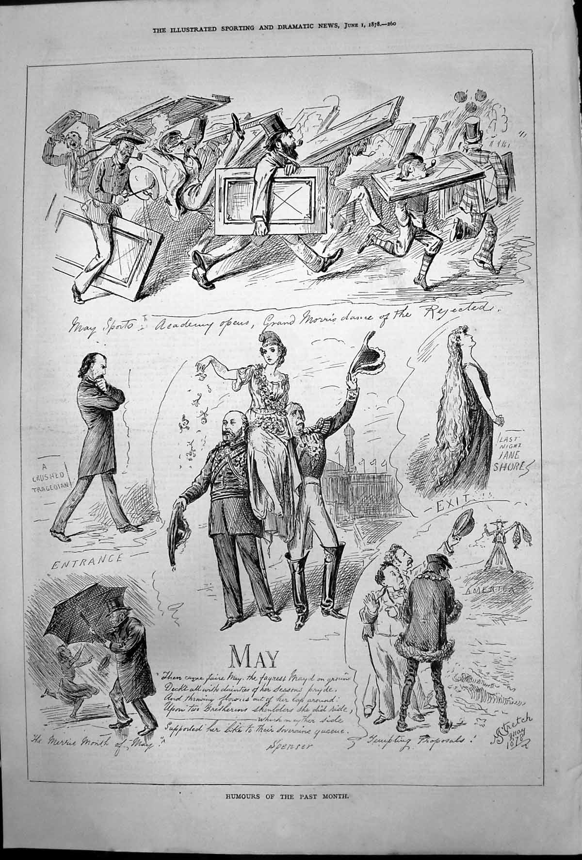 Antique Old Print Humours Past Month May Sports Academy Opens Jane Shore 1878