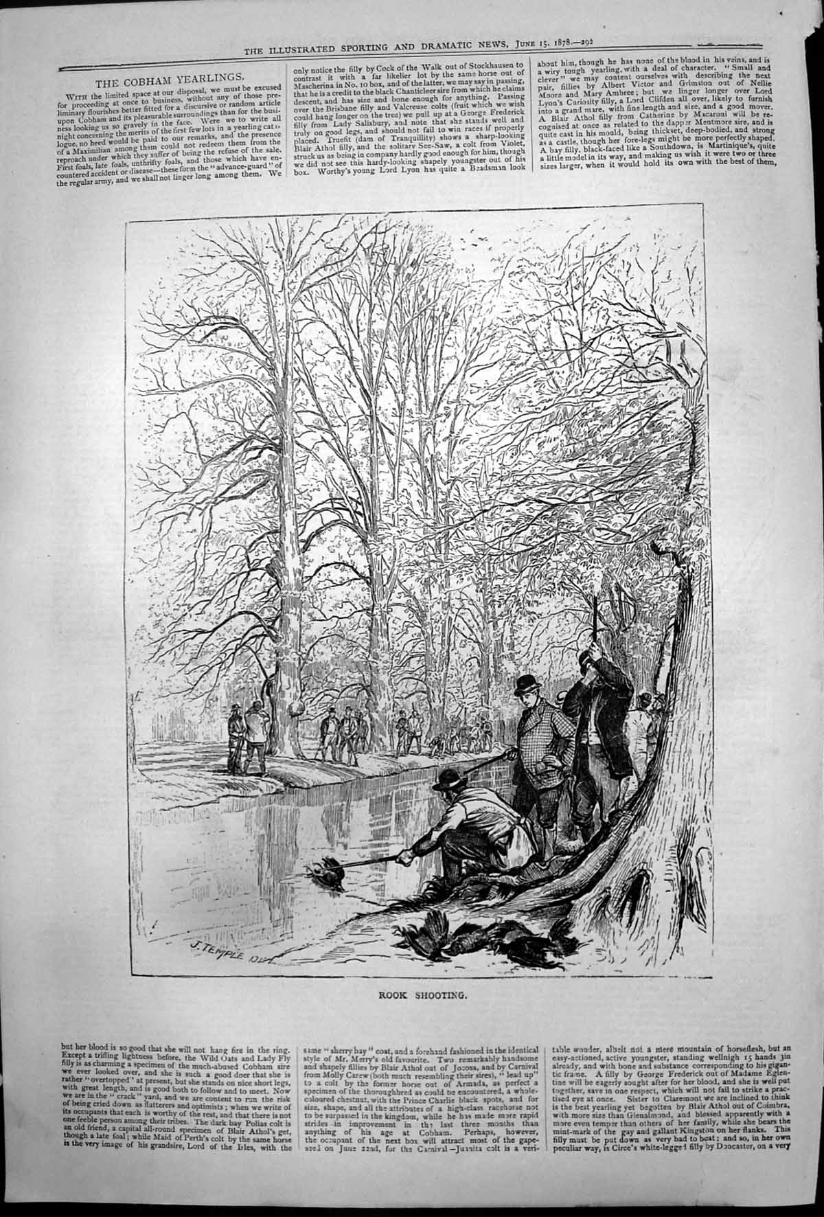 Antique Old Print Rook Shooting J Temple Shooters Bank River Rifle Trees 1878