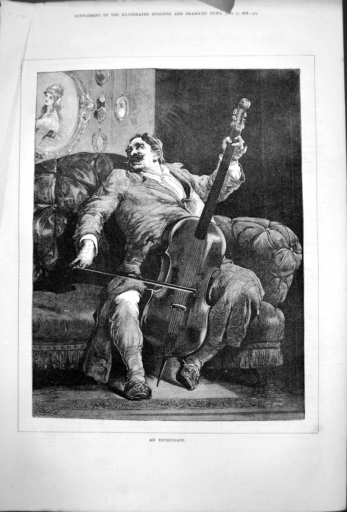 Old An Enthusiast Man Playing Double Base Admiring Picture Lady 1878 Victorian