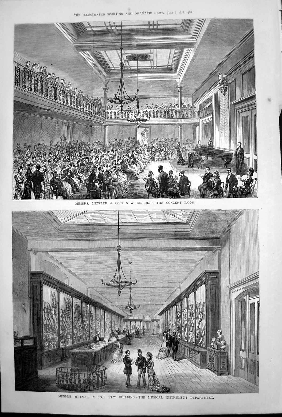 Old Print Metzlers New Building Concert Room Musical Instrument Dept 1878 19th