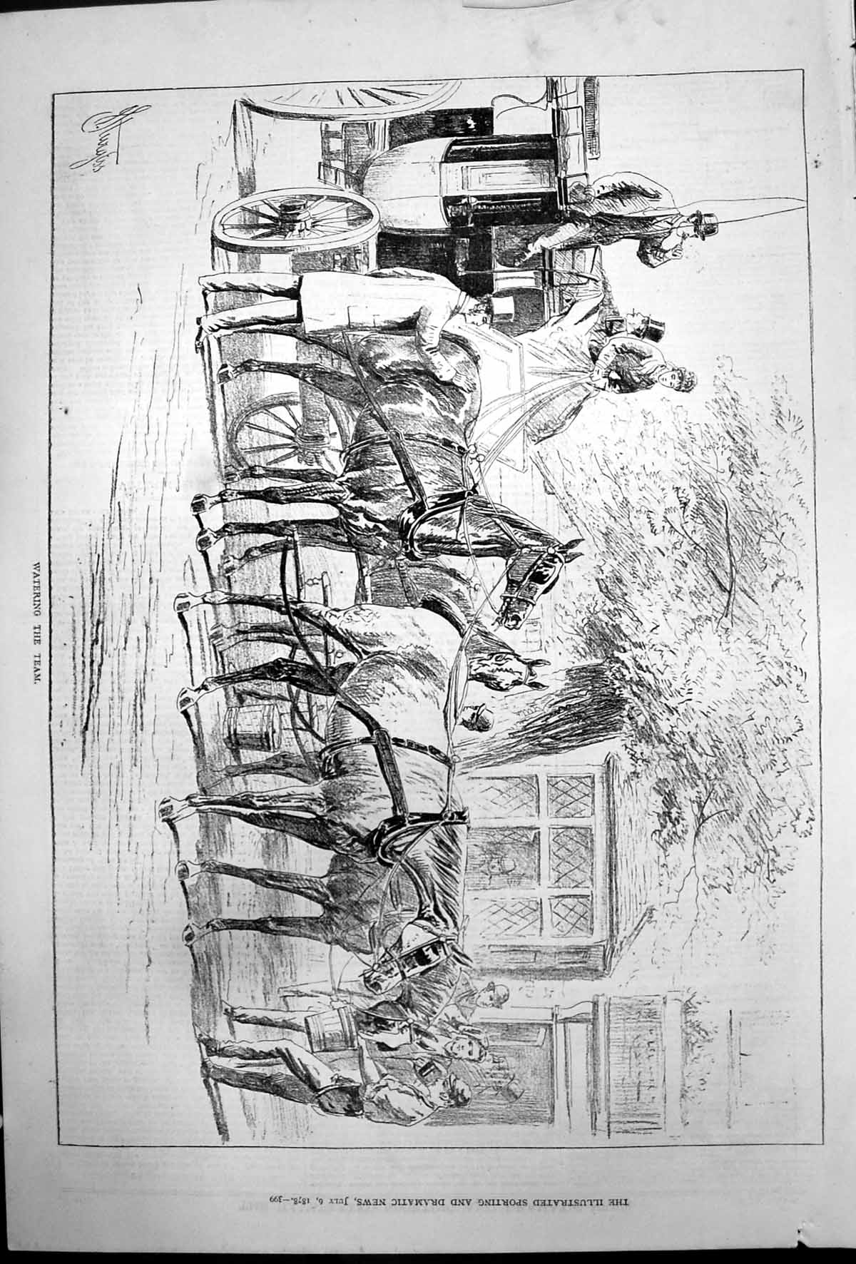 Antique Old Print Watering The Team J Sturgess Horses Carriage Bucket 1878 19th