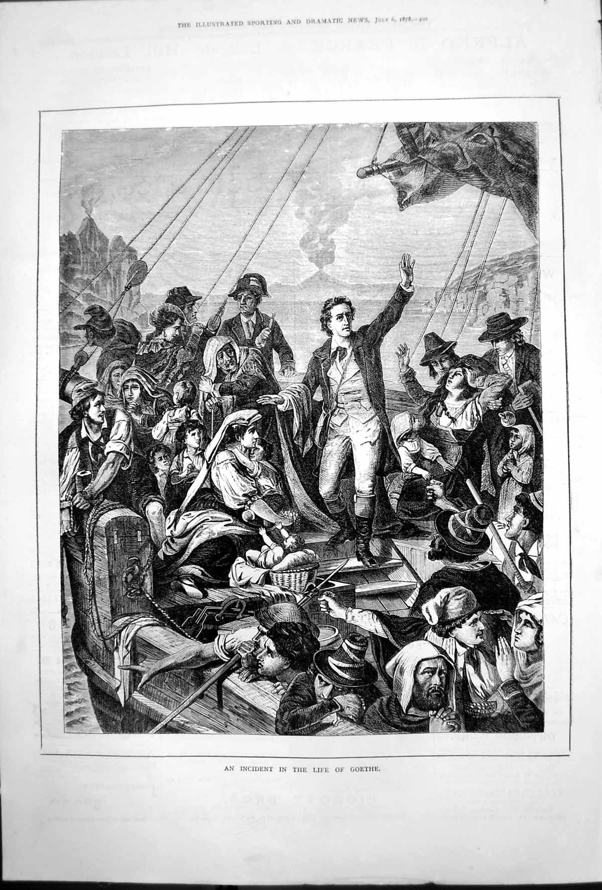 Original Old Antique Print Incident Life Goethe Crowded Sailing Ship 1878 19th
